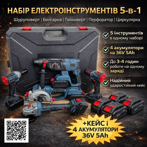 Набор электроинструментов 5-в-1 36V: шуруповёрт, болгарка УШМ, гайковёрт, перфоратор и циркулярная пила + кейс + 4 аккумулятора 5A