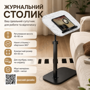 Журнальний столик Grant з регулюванням висоти та оборотом 360°, 80-45х40х30см, Білий / Приставний столик / Приліжковий столик