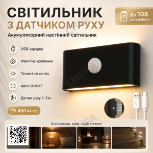 Настенный светильник с датчиком движения, от USB (9,8х5,5см) Черный / Аккумуляторный светильник на стену