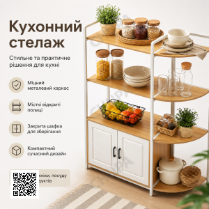 Кухонний стелаж із відкритими полицями та шафкою, 120х40 см, Білий / Етажерка кухонна