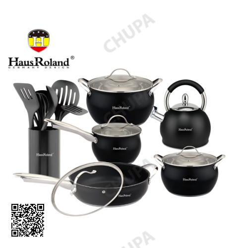 Набор посуды Haus Roland HR126-1, 18 предметов из нержавеющей стали: кастрюли 3,6/6,0 л, ковш 1,9 л, сковорода 2,9 л, чайник 3,0 (