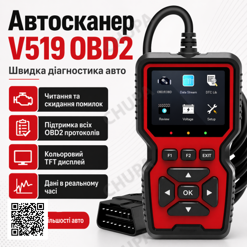 Автомобильный диагностический сканер V519 OBD2, Красный / Автосканер ошибок / Тестер диагностический для авто