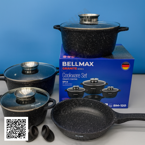 Набір кухонного посуду Bellmax BM-120 Чорний з литого алюмінію з гранітним покриттям, 9 предметів