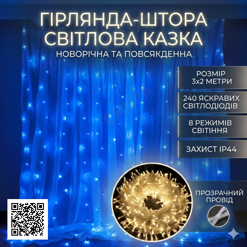 Гирлянда-штора на 3х2 м новогодние украшения для декора дома Гирлянда на прозрачном проводе от сети Синий