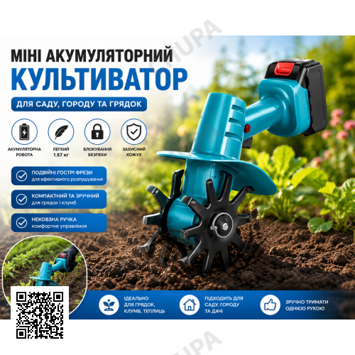 Культиватор міні акумуляторний синій для саду та грядок з подвійними фрезами, захисним кожухом і блокуванням безпеки