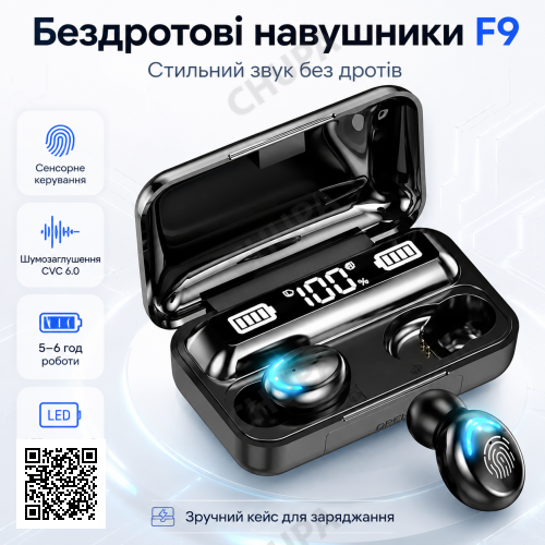 Навушники бездротові F9 з Bluetooth і зарядним кейсом, Чорні/Навушники вакуумні з дисплеєм