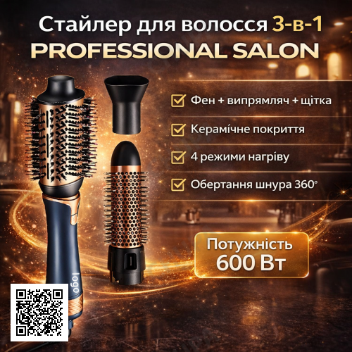 Профессиональный стайлер для волос 3-в-1 New Professional Salon - фен-щетка, выпрямитель и укладка | 600W | 4 режима нагрева