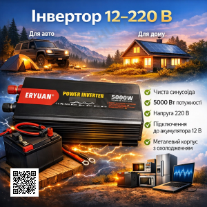 Інвертор для автомобільних акумуляторів 12 V 220 V 5000 W Перетворювач напруги для квартири чистий синус
