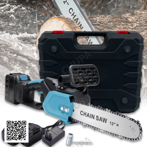 Цепная пила с шиной 12 дюймов и 2 аккумуляторами 48В в кейсе Electric Saw Blue