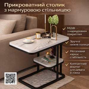 Інтер’єрний прикроватний столик DASH-5496 з мармуровою стільницею, 50×30×58 см, з нижньою полицею, чорний металевий каркас