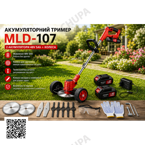 Газонокосарка/тример для косіння трави MLD-107/Акумуляторнийтример 48 В, 5000 мАг/Тример для трави 2 АКБ + колеса