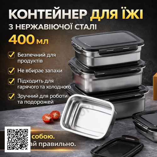 Термоланчбокс для еды из нержавеющей стали 400 мл 20687-11 — Герметичный пищевой контейнер для обедов