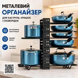 Металевий, регульований органайзер — підставка для кришок, каструль, кухонних дощок і сковорідок, чорний