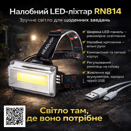 Ліхтар налобний RN814, USB-заряджання/Акумуляторний ліхтарик на голову з можливістю регулювання кута нахилу