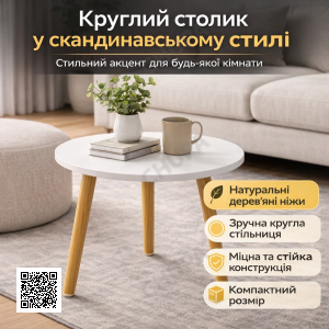 Інтер'єрний круглий столик Grant DASH-1201, 40×40×55 см, біла стільниця, ніжки світле дерево