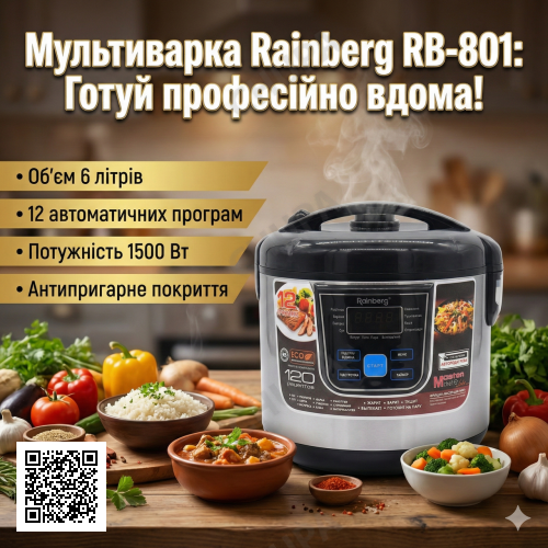 Багатофункціональна універсальна мультиварка 6 л, 1500W, 12 програм, Rainberg RB-801 / Мультиварка