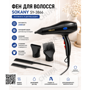 Фен для волос 2400 Вт + 2 насадки и 2 расчёски, SOKANY SY-3866, Черный / Фен для укладки / Фен для сушки волос
