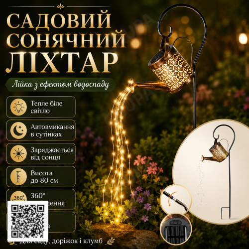 Садовый светильник-лейка, кувшин, чайник на солнечной батарее, кованая лампа 80 см, светодиодная.