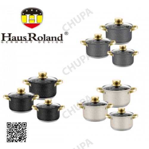 Набір каструль Haus Roland HR131-11 (3 шт) з нержавіючої сталі 2,9/3,9/5,1 л, з гранітним покриттям, Чорний Серый и бежевый