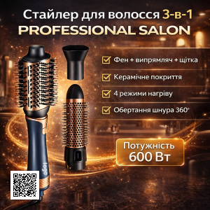 Професійний стайлер для волосся 3-в-1 New Professional Salon — фен-щітка, випрямляч та укладка | 600W | 4 режими нагріву