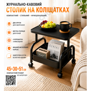 Журнально-кофейный столик (26014) на колесиках с полкой для хранения 45×30×51 см Черный