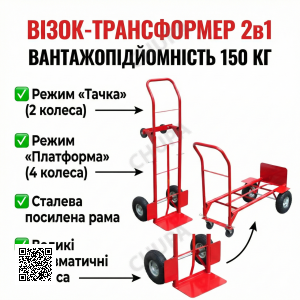 Візок складаний вантажний двоколісний трансформер 2-в-1, ручний і платформний, вантажність до 150 кг