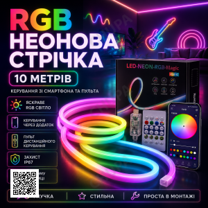Розумна неонова стрічка від USB, 10 м, пульт + Bluetooth, Rgb/RGB стрічка/Гнучкий неон/Міжий неон/Дінка світлодіодна