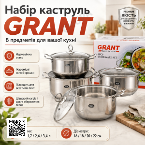 УЦЕНКА! Набор кастрюль из высокопрочной нержавеющей стали GRANT GR3558 (Плохая упаковка 3277)