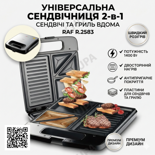 Електрична сендвічниця з антипригарним покриттям і двостороннім нагріванням RAF R.2583 1400W