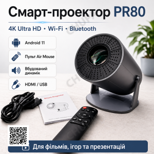 Професійний смарт-проєктор PR80 4K Ultra HD з Wi-Fi, Bluetooth, Android 11, HDMI, USB і пультом Air Mouse