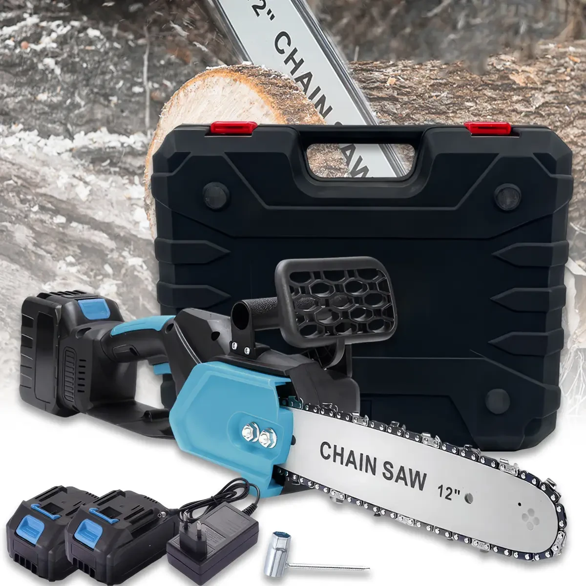 Цепная пила с шиной 12 дюймов и 2 аккумуляторами 48В в кейсе Electric Saw Blue